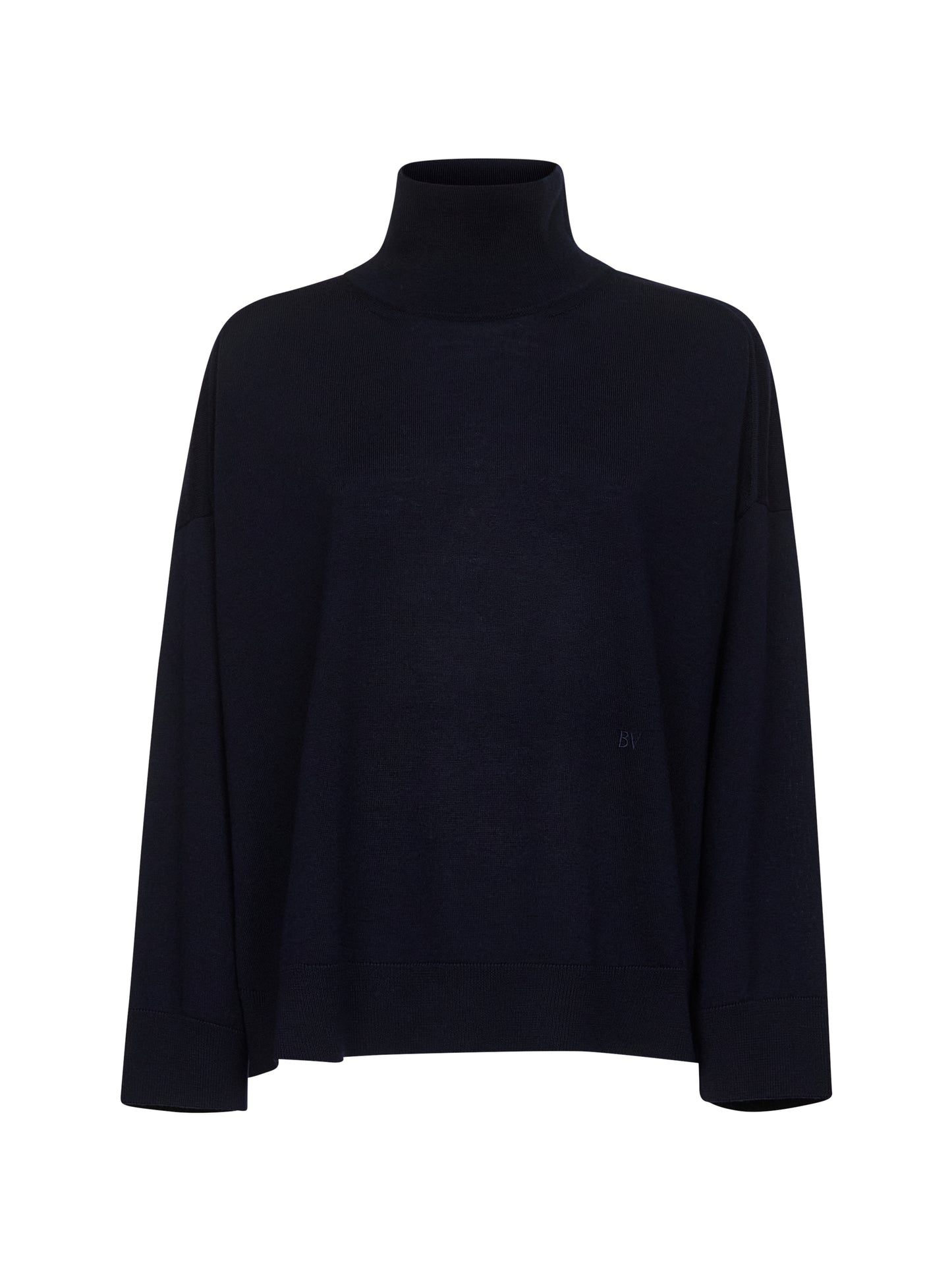Maglia a collo alto in lana blu con ricamo