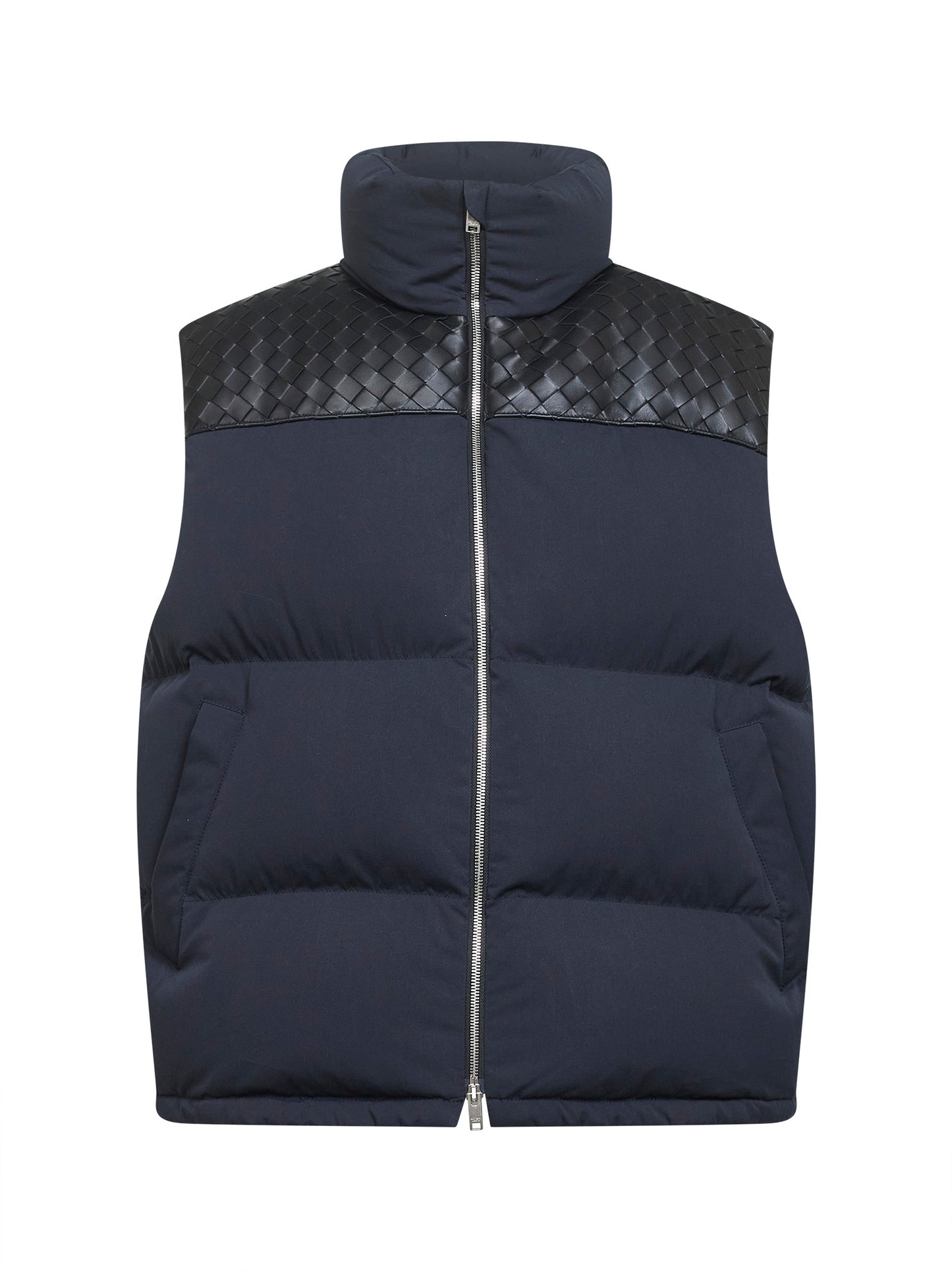 Blue matte technical cotton and leather padded vest