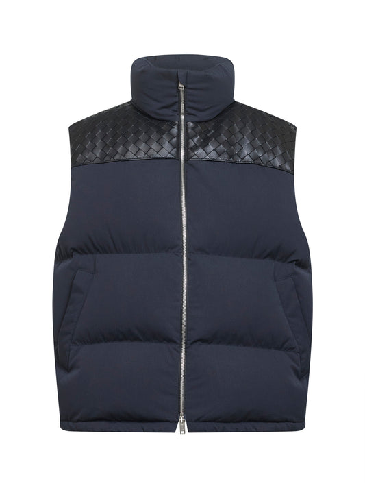 Gilet imbottito in cotone tecnico opaco e pelle blu