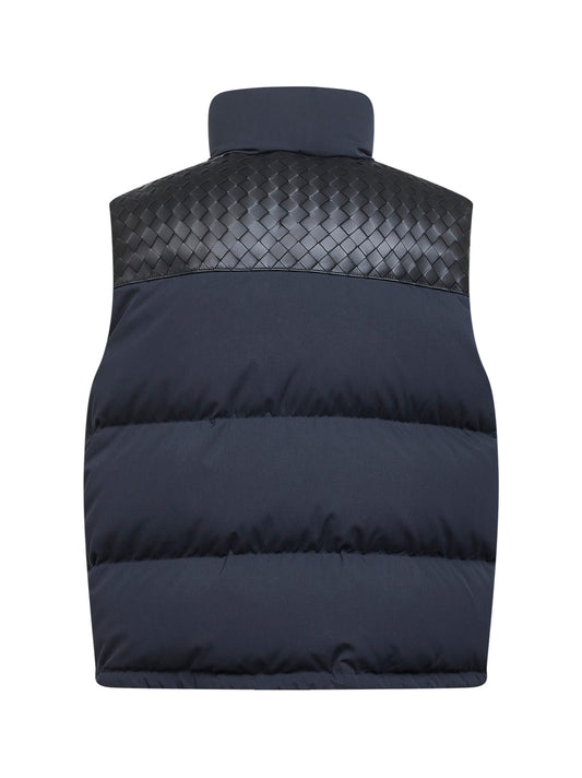 Gilet imbottito in cotone tecnico opaco e pelle blu