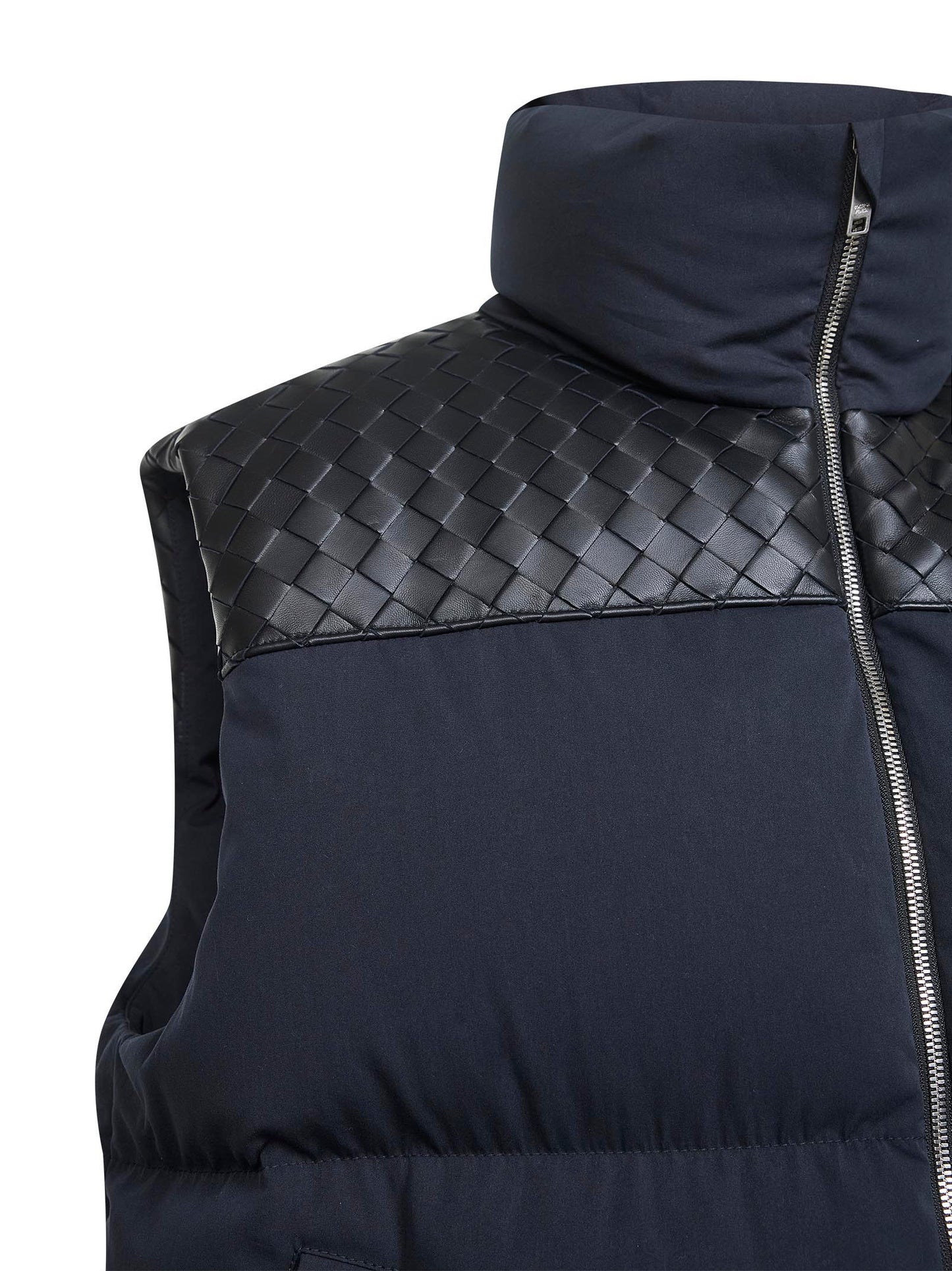 Blue matte technical cotton and leather padded vest