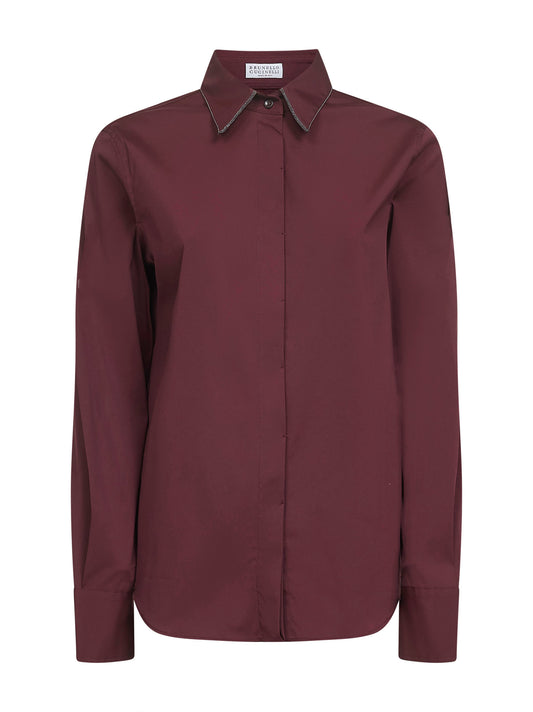 Camicia in popeline stretch bordeaux con Shiny Collar