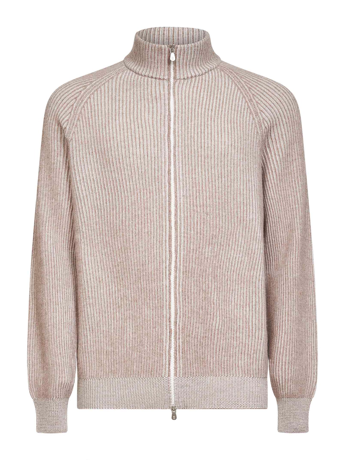 Beige cashmere mouliné knit zip-up cardigan
