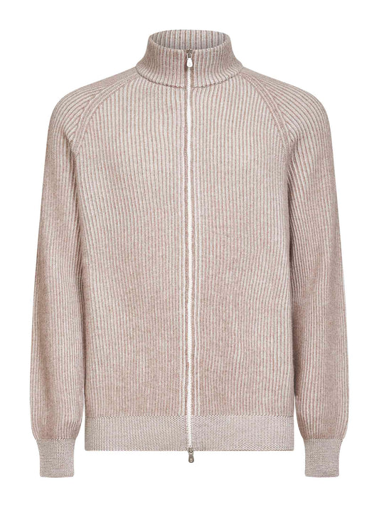 Beige cashmere mouliné knit zip-up cardigan
