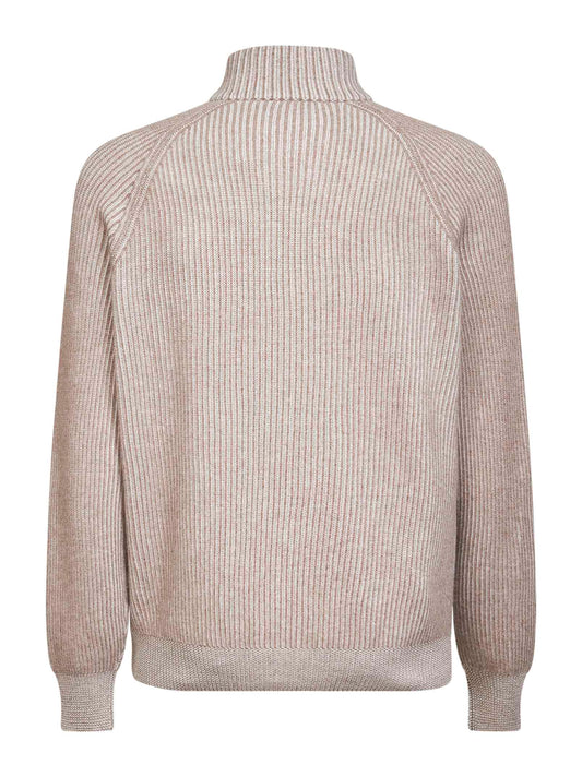 Beige cashmere mouliné knit zip-up cardigan