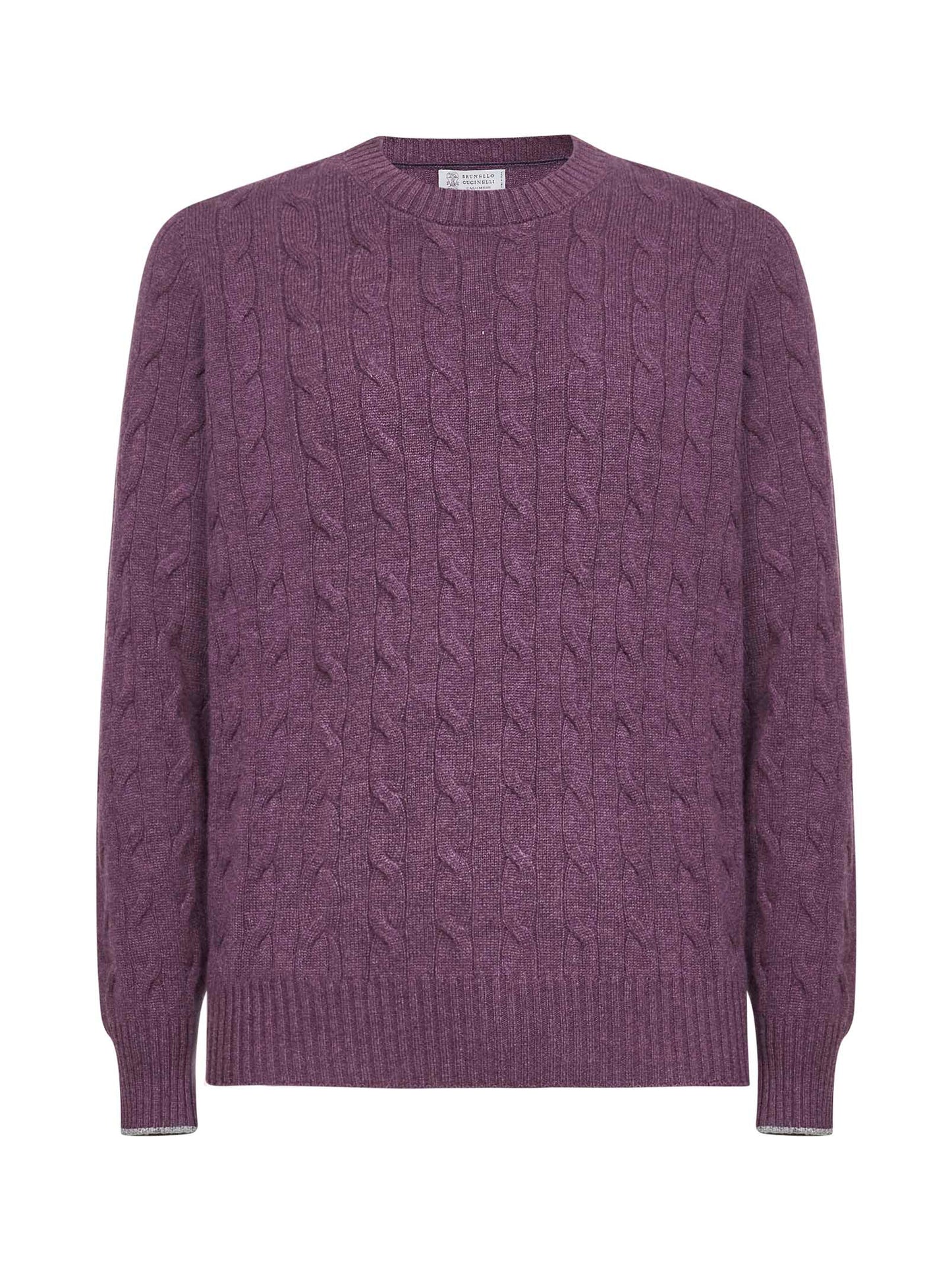 Purple cable knit cashmere crewneck sweater