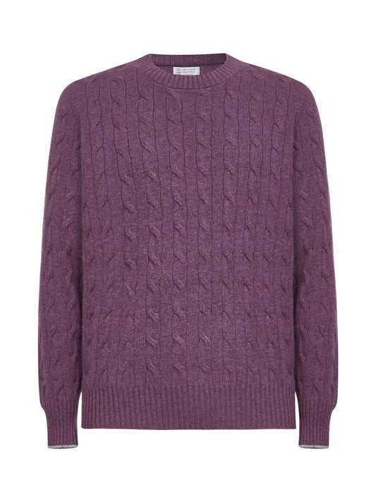Purple cable knit cashmere crewneck sweater