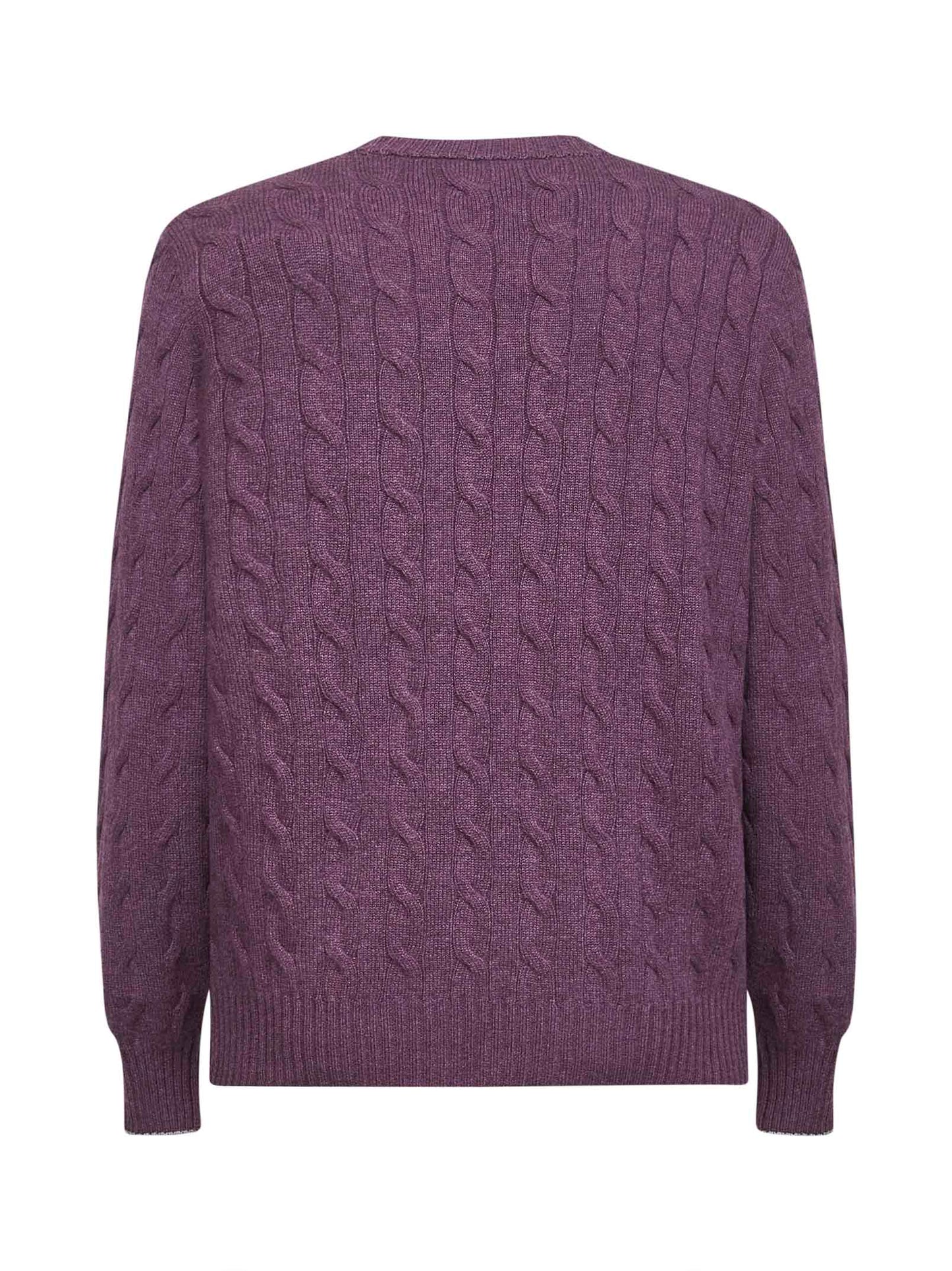 Purple cable knit cashmere crewneck sweater