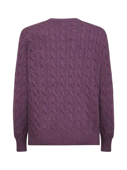 Purple cable knit cashmere crewneck sweater