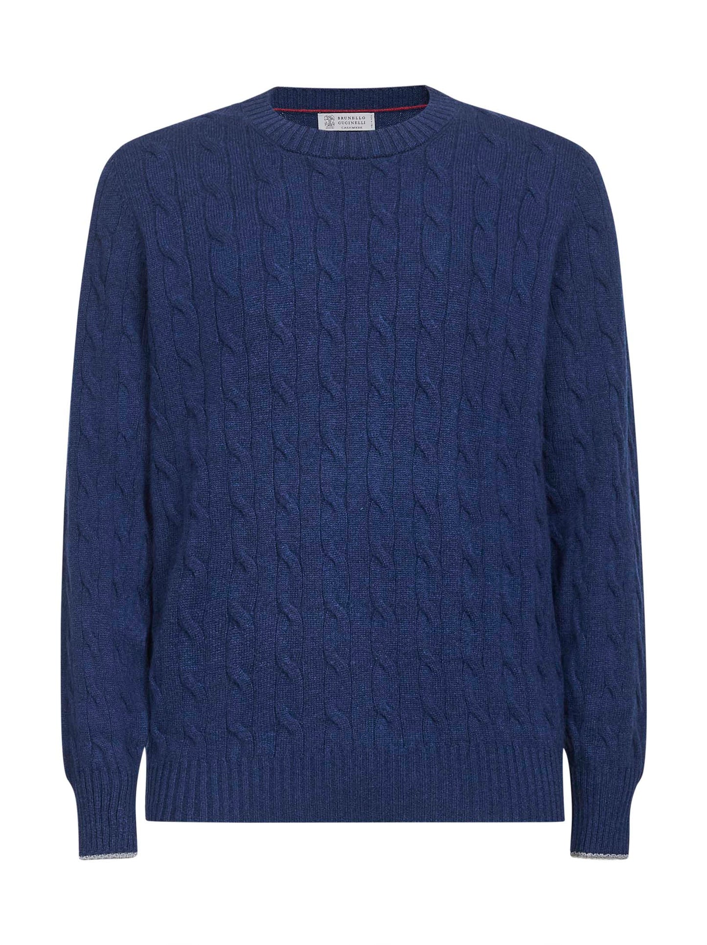 Blue cable knit cashmere crewneck sweater