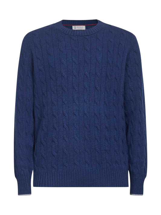 Blue cable knit cashmere crewneck sweater