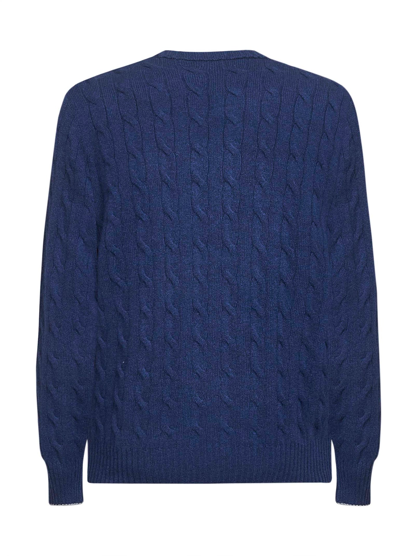 Blue cable knit cashmere crewneck sweater