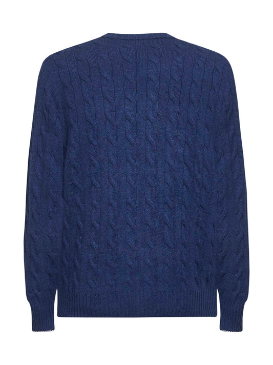 Blue cable knit cashmere crewneck sweater