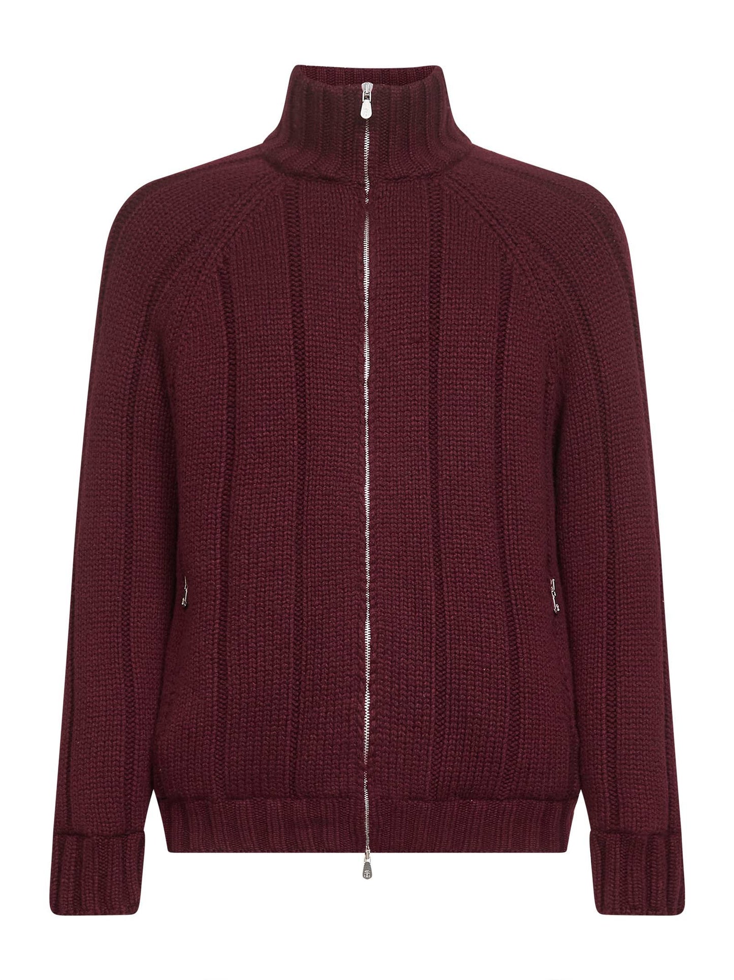Burgundy wide-rib knit cashmere zip-up cardigan