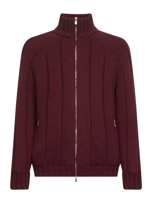 Burgundy wide-rib knit cashmere zip-up cardigan