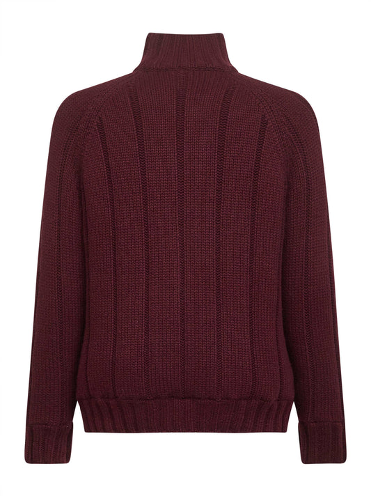 Burgundy wide-rib knit cashmere zip-up cardigan