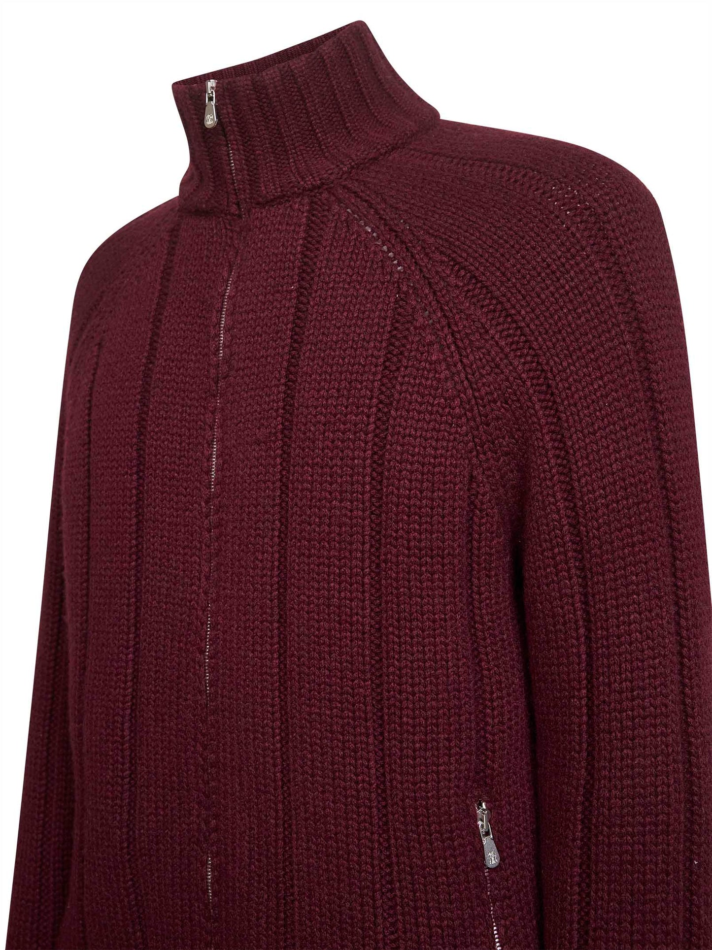 Burgundy wide-rib knit cashmere zip-up cardigan