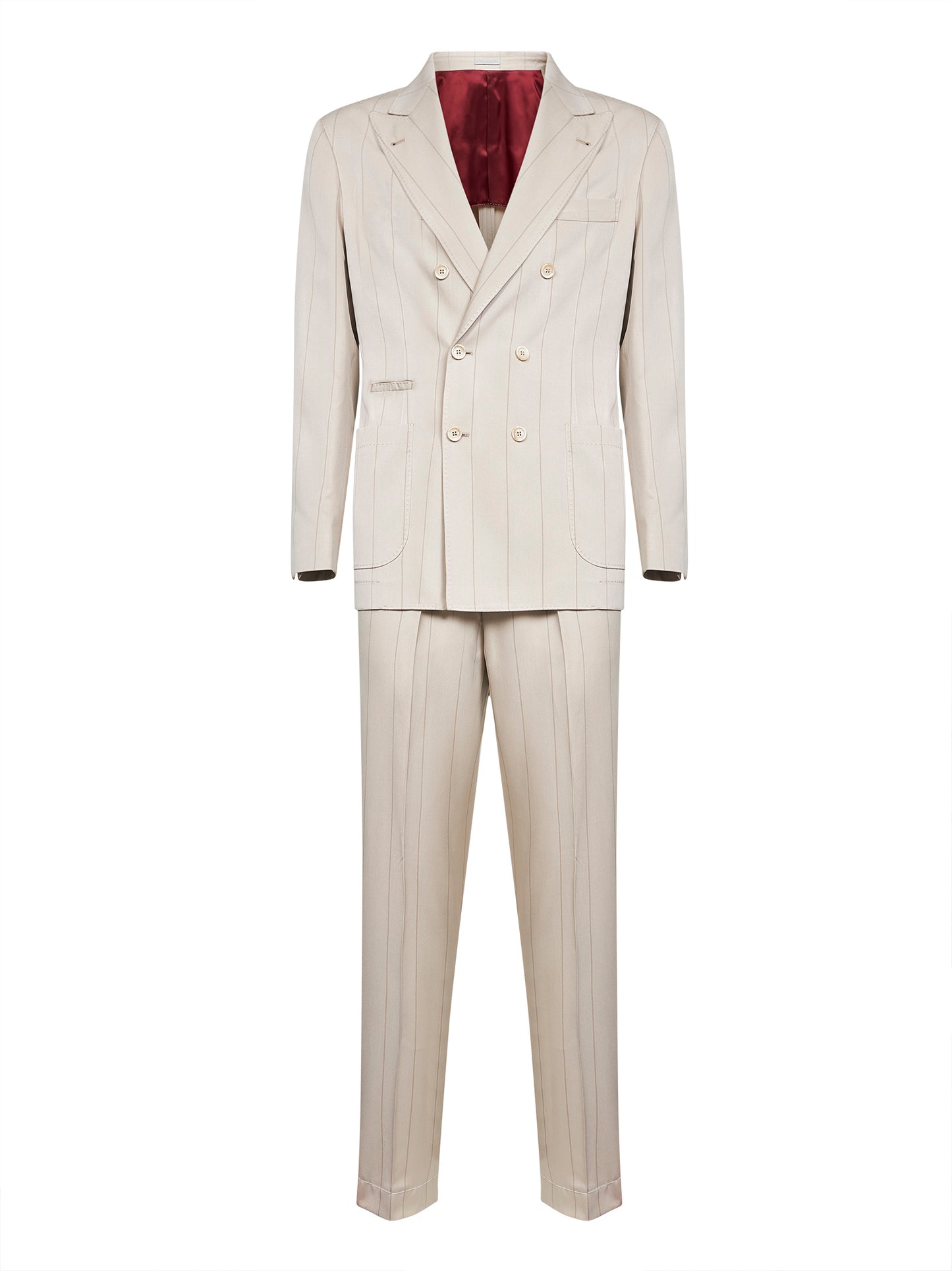 Beige silk wide chalk stripe twill suit<BR/>