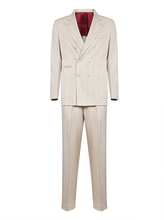 Beige silk wide chalk stripe twill suit<BR/>