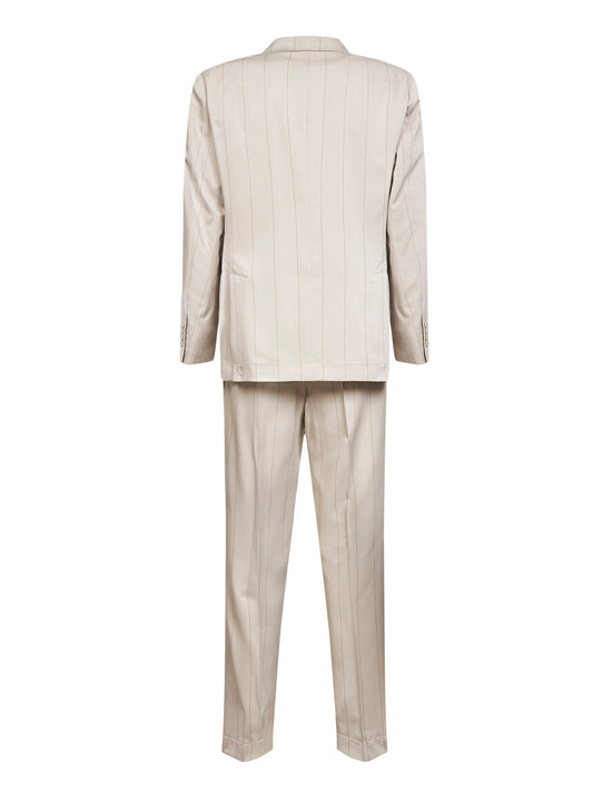 Beige silk wide chalk stripe twill suit<BR/>
