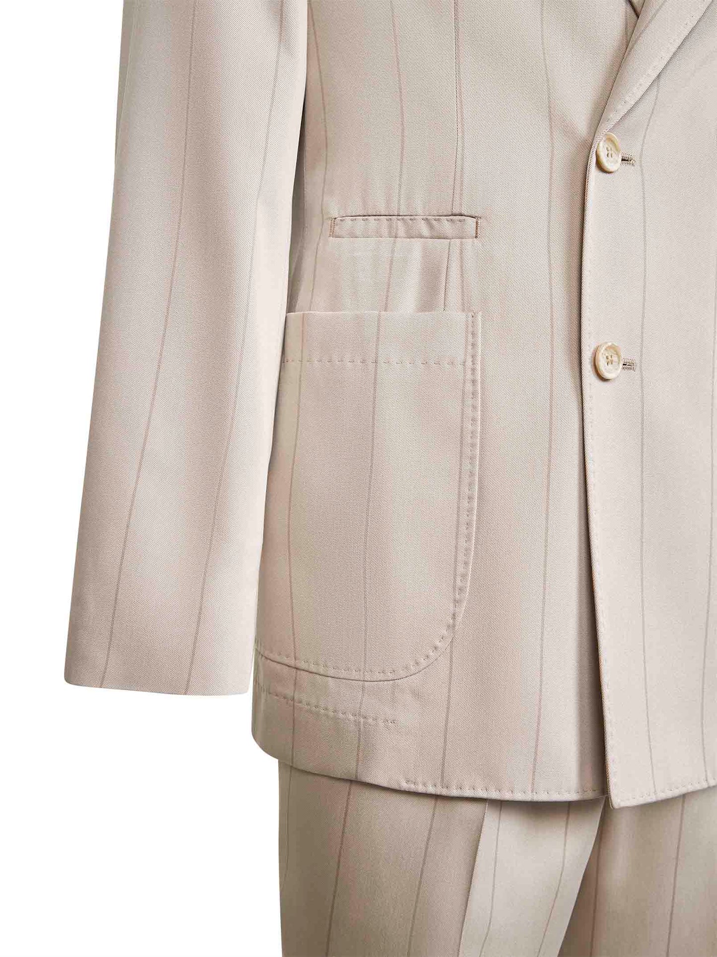 Beige silk wide chalk stripe twill suit<BR/>