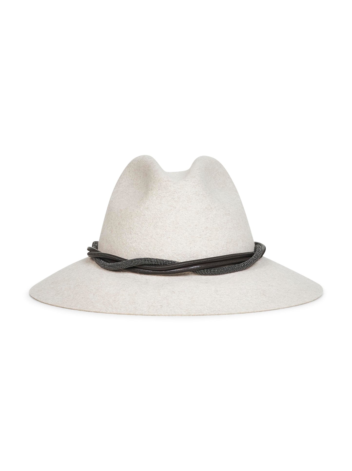 Fedora in feltro grigio con fascia in pelle e monile