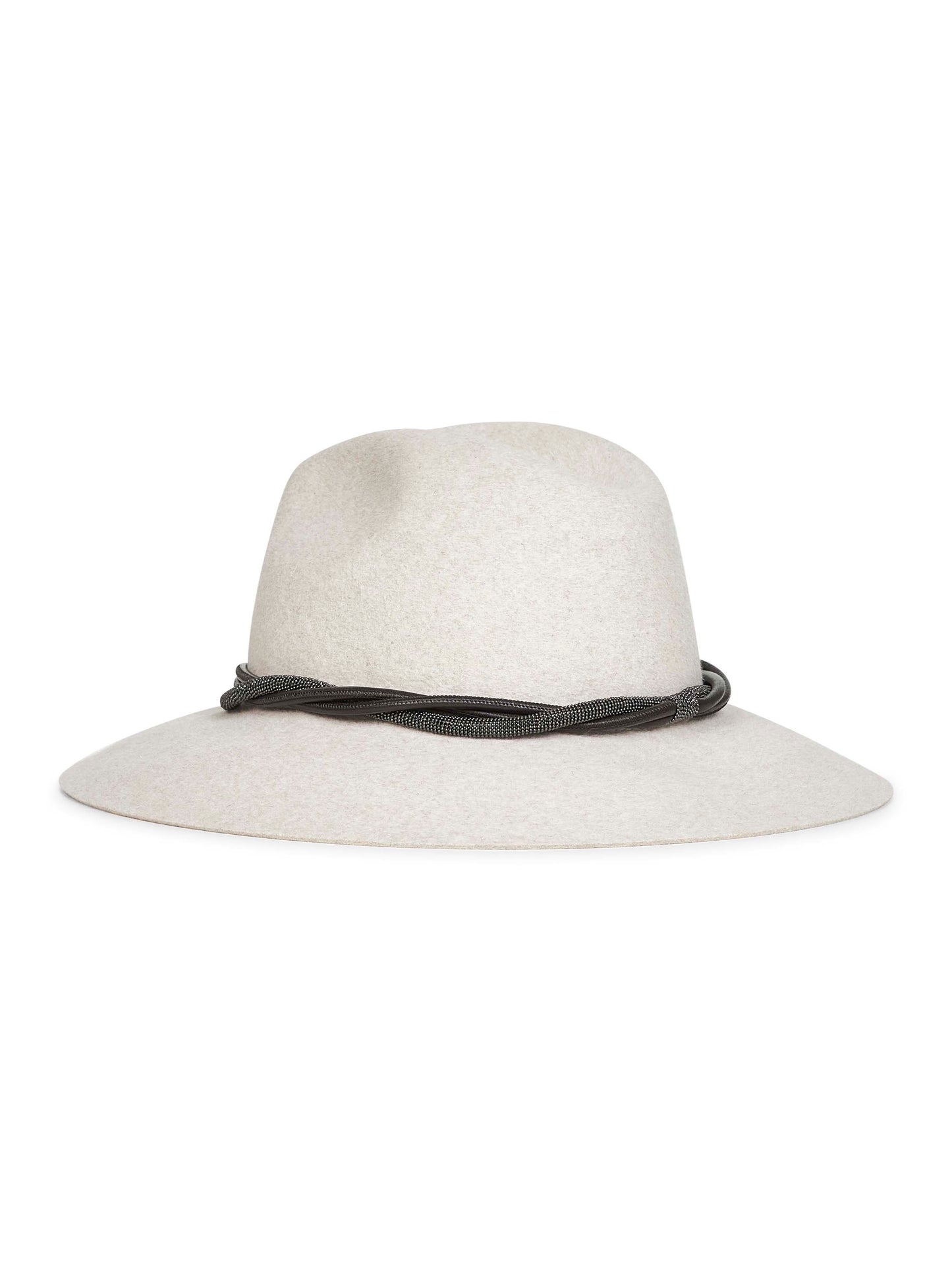 Fedora in feltro grigio con fascia in pelle e monile