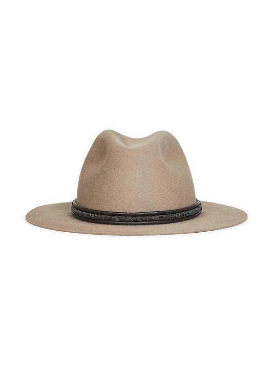Grey felt fedora with leather and monili band