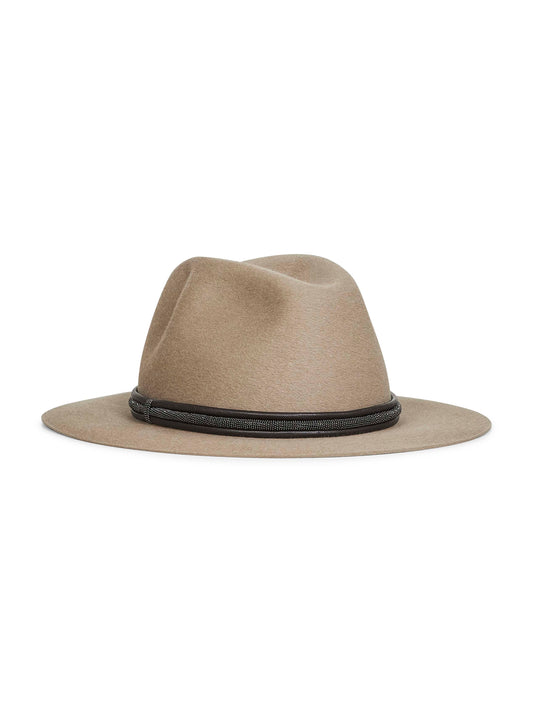 Grey felt fedora with leather and monili band