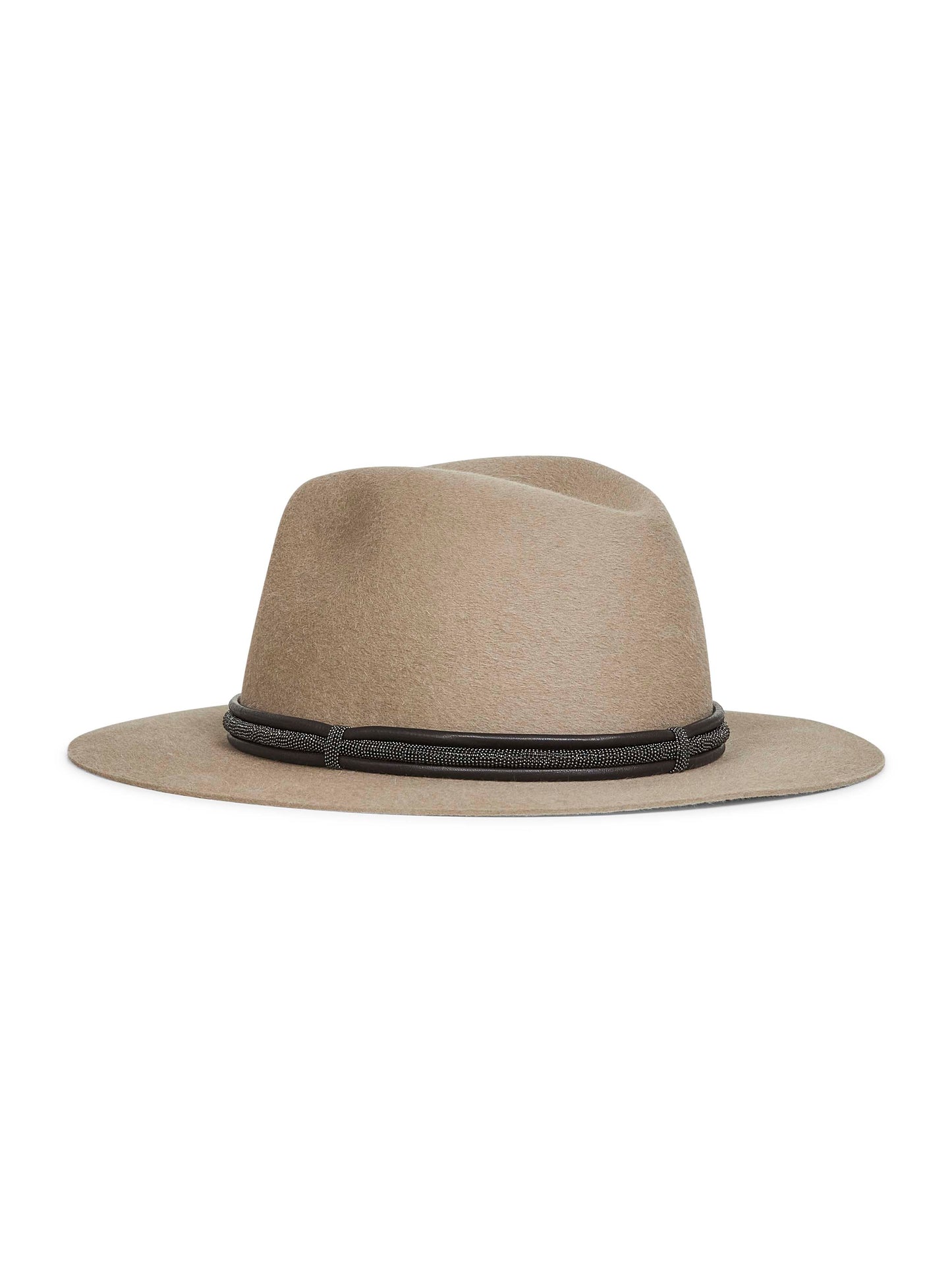 Grey felt fedora with leather and monili band