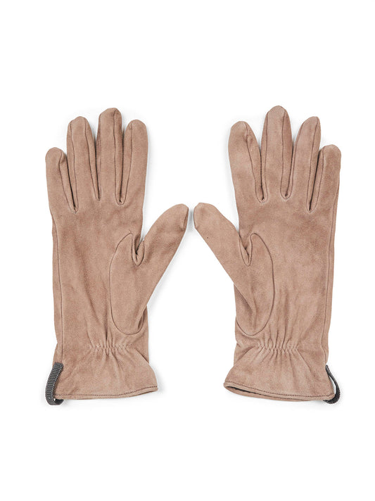 Guanti in pelle scamosciata tortora con monile