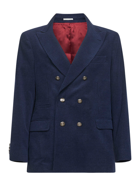 Blue corduroy one-and-a-half-breasted jacket
