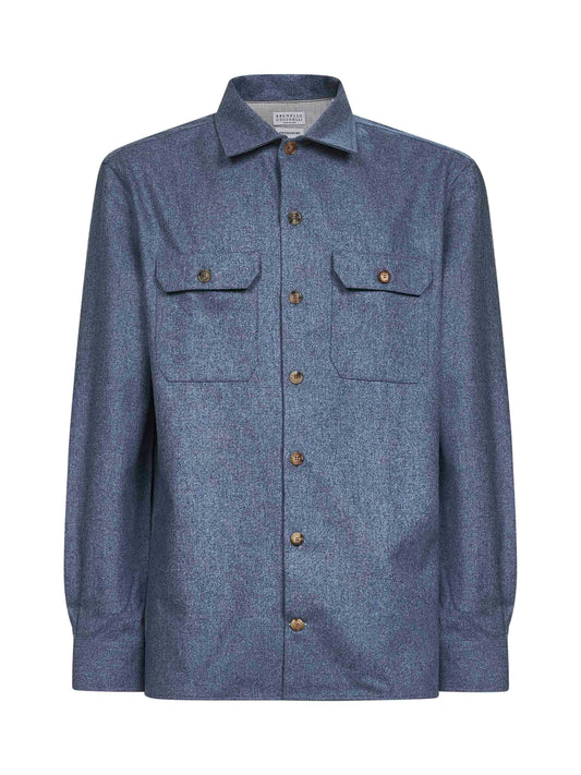Overshirt in flanella di lana vergine azzurra