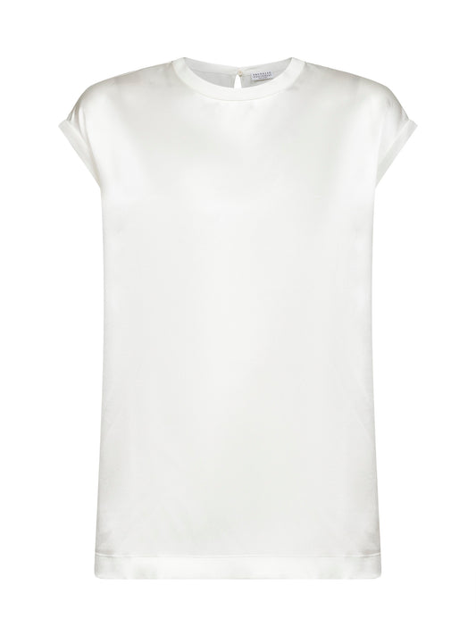 Top in raso di seta stretch bianco con monile