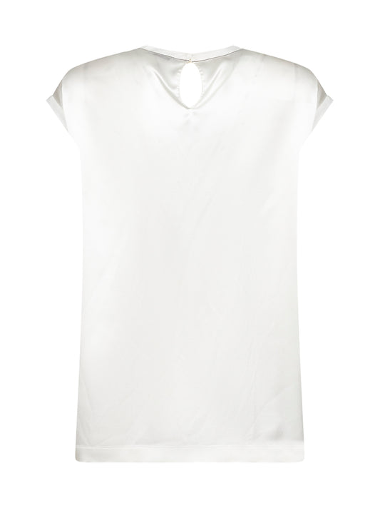 Top in raso di seta stretch bianco con monile