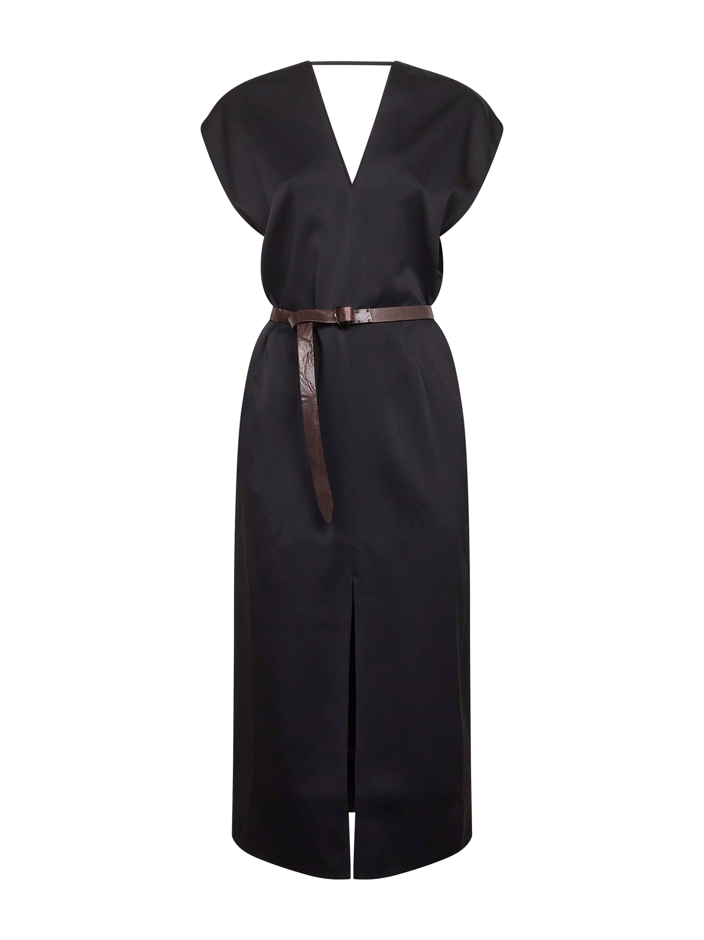Black cady satin belted midi dress
