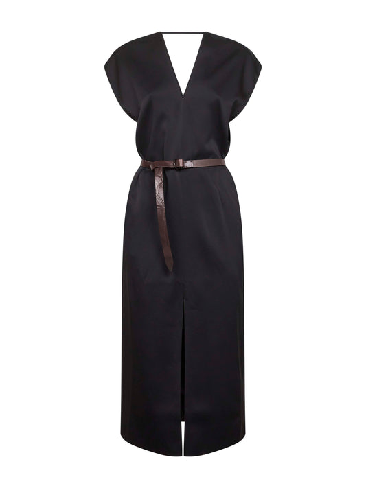 Black cady satin belted midi dress