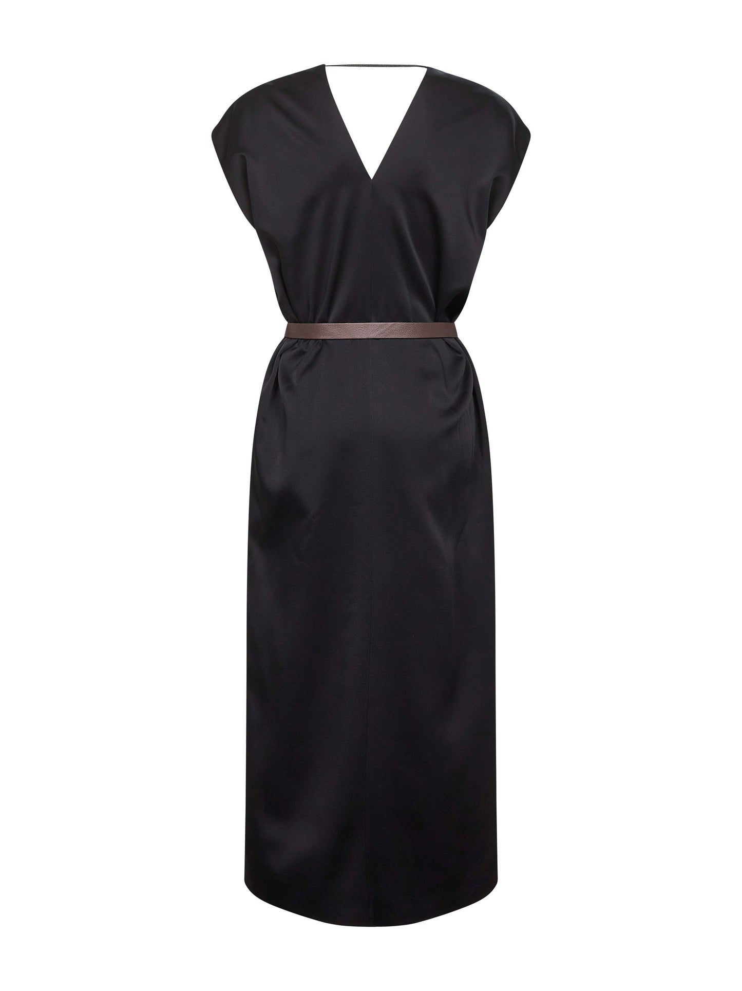 Black cady satin belted midi dress