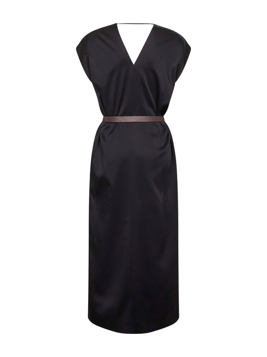Black cady satin belted midi dress