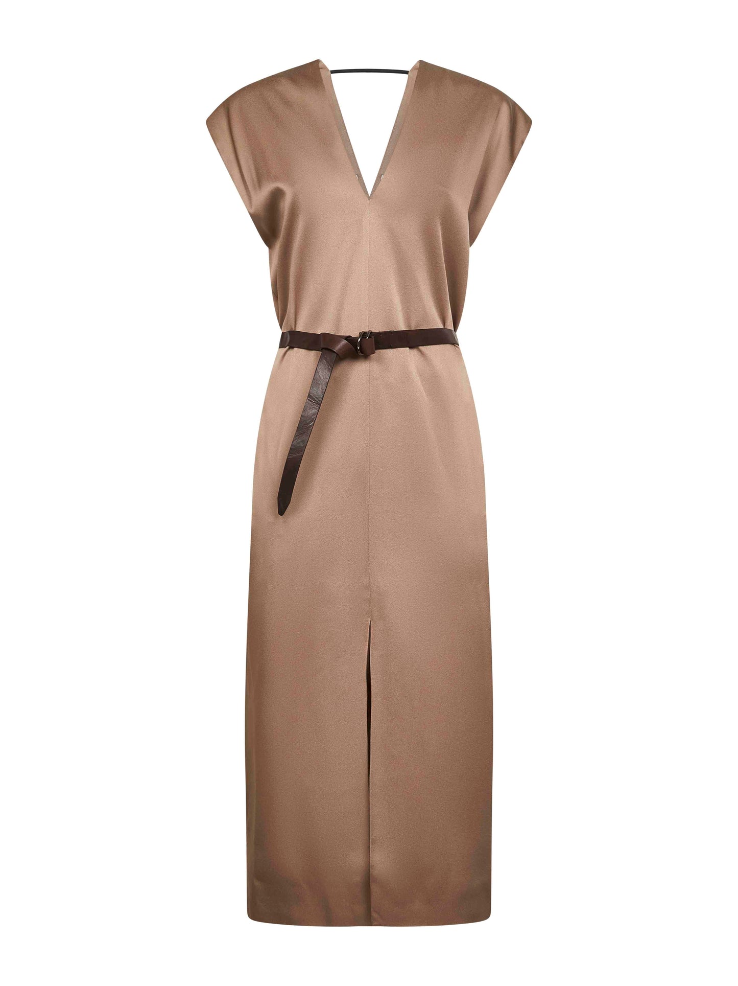 Taupe cady satin belted midi dress