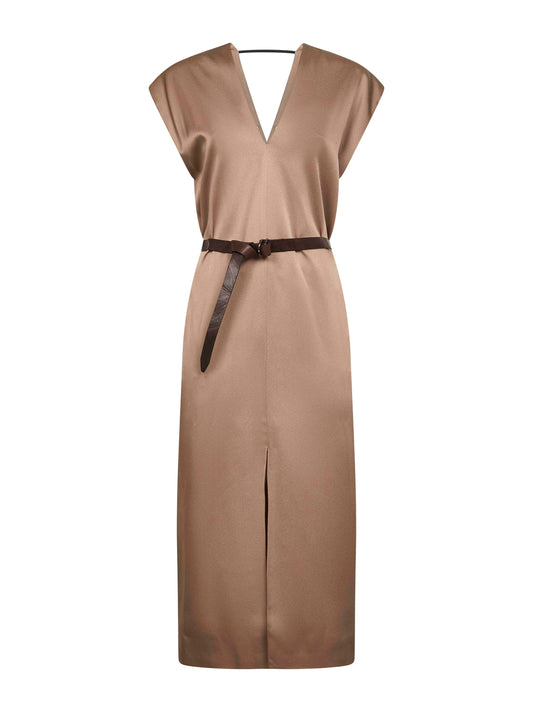 Taupe cady satin belted midi dress