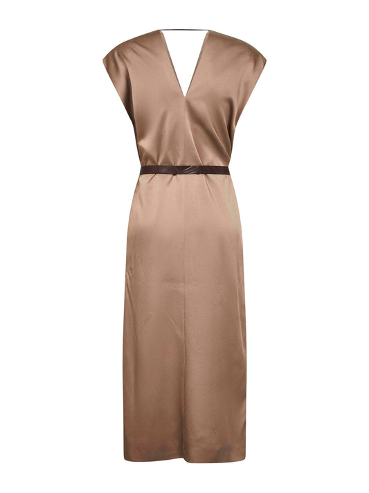 Taupe cady satin belted midi dress