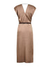 Taupe cady satin belted midi dress