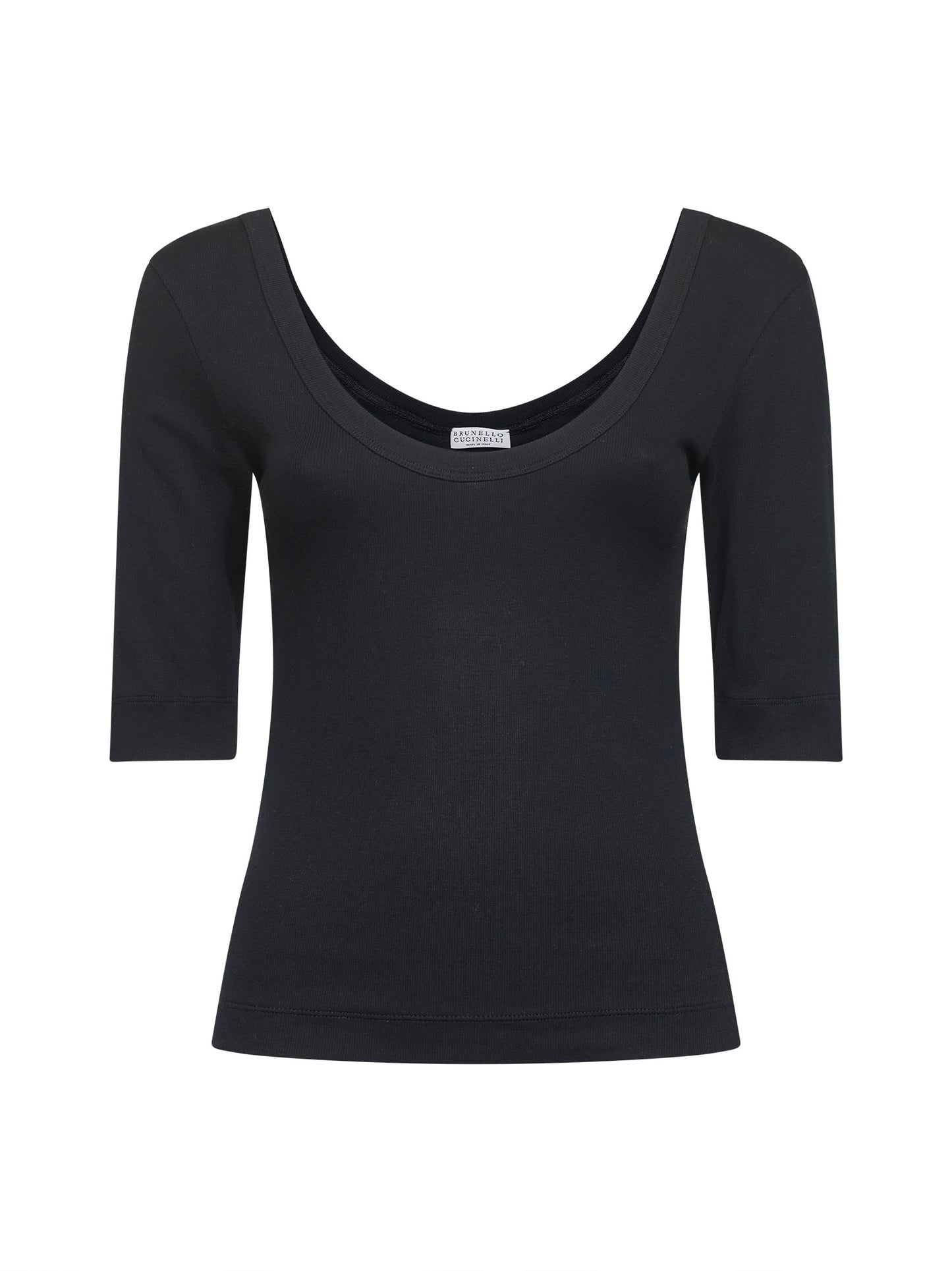 T-shirt in jersey stretch a costine nero con monile