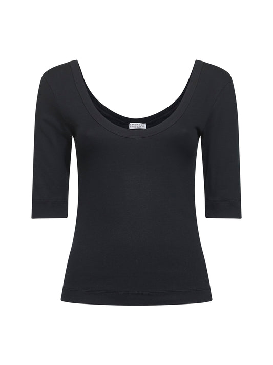 Black ribbed stretch jersey monili T-shirt