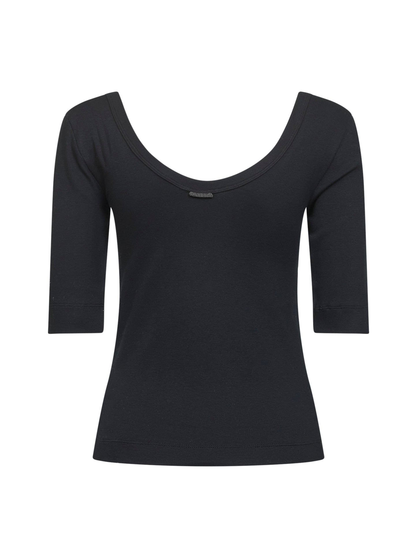 T-shirt in jersey stretch a costine nero con monile