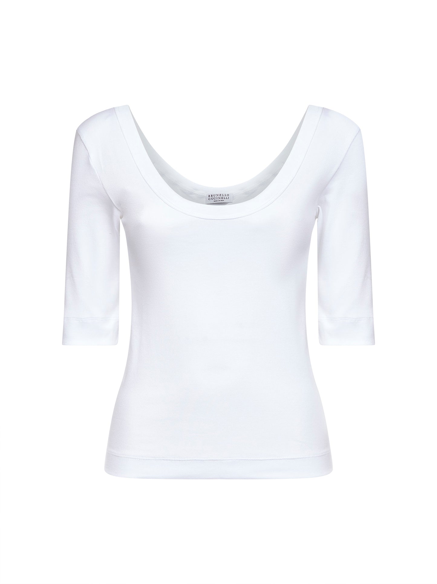 T-shirt in jersey stretch a costine bianco con monile