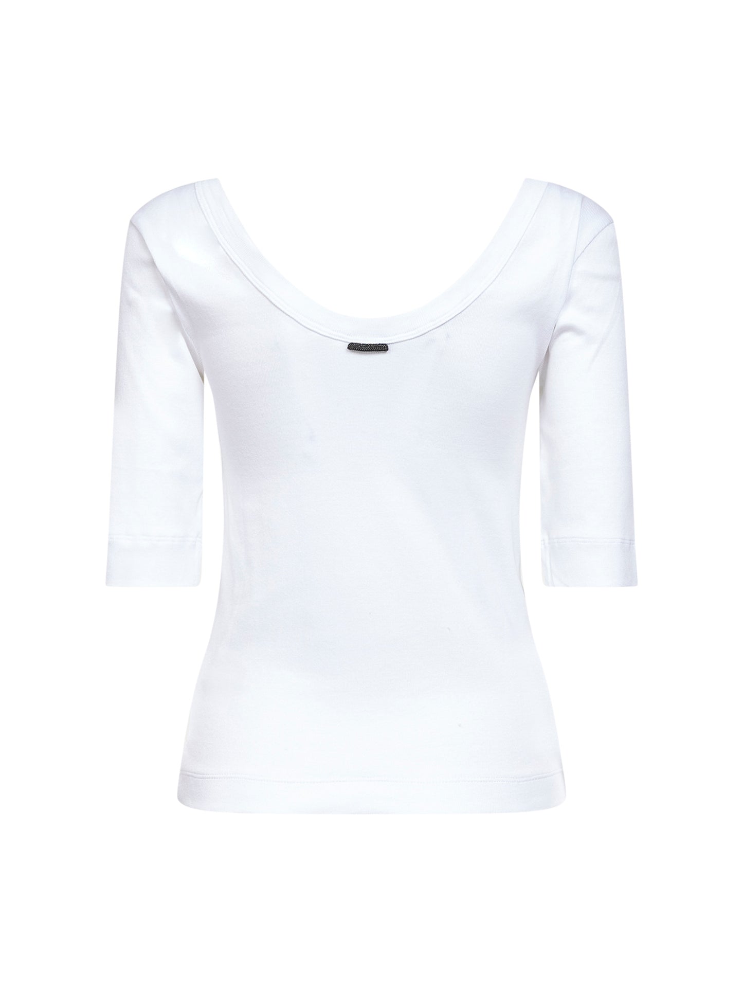 T-shirt in jersey stretch a costine bianco con monile