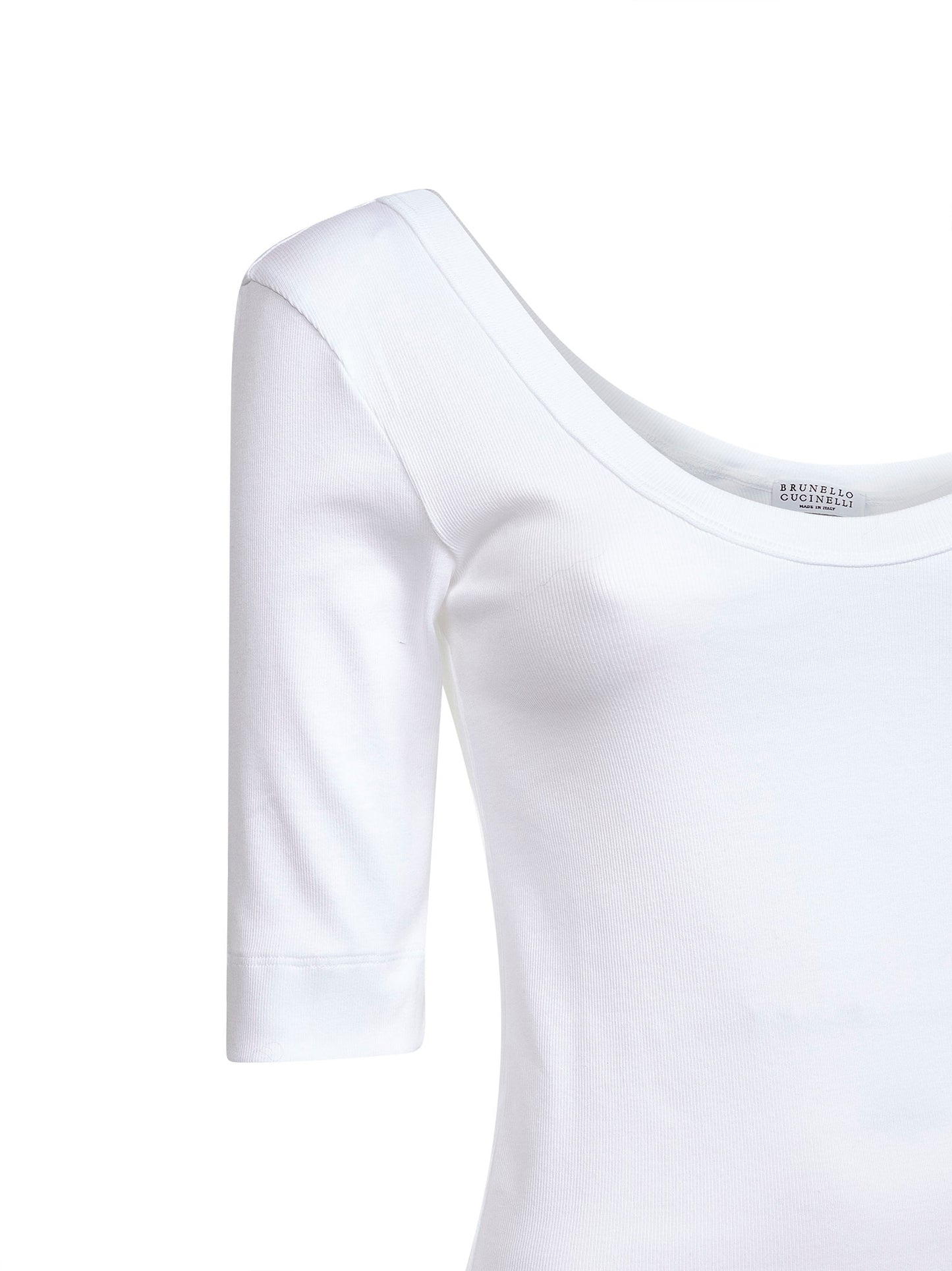 T-shirt in jersey stretch a costine bianco con monile