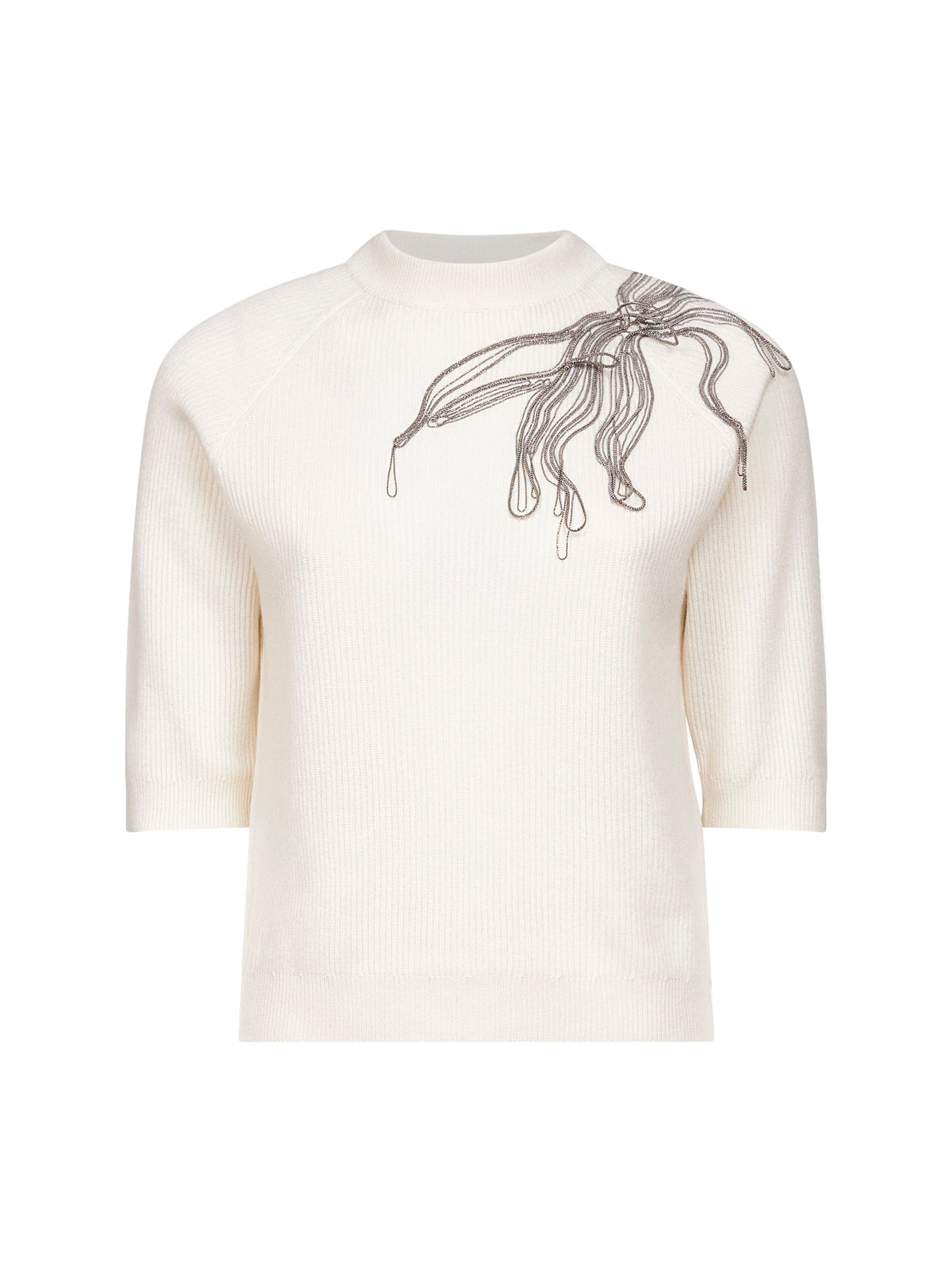 Maglia in cashmere bianco con Shiny Flower Embroidery
